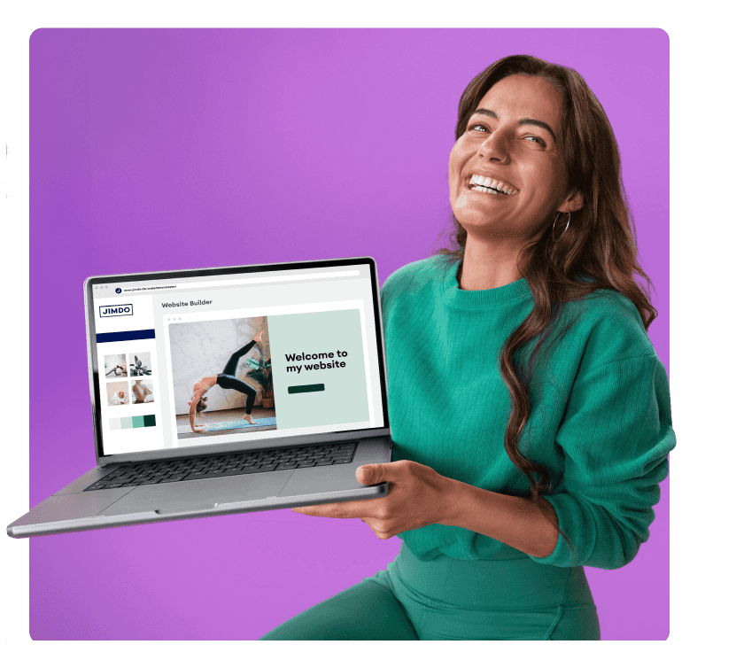 A smiling woman in a green sweater holds a laptop displaying a Jimdo website against a purple background.