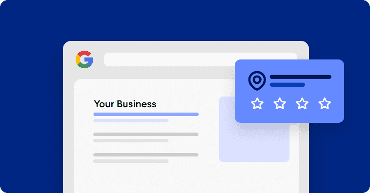 An illustration of a search engine results page with a blue background, showing a Google business listing with stars for reviews.