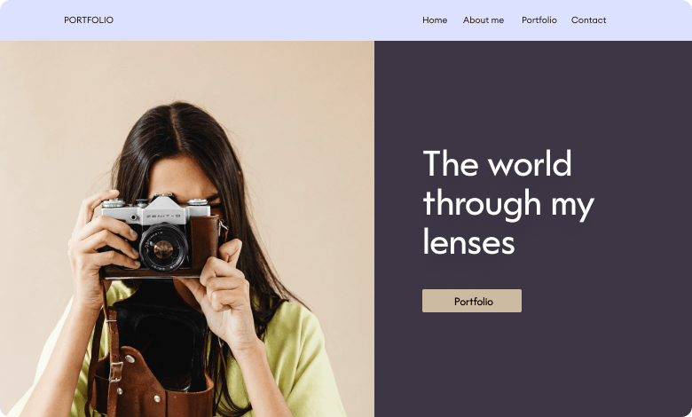 The website of a photographer, she is in the center and has a camera in front of her face. The lettering “The world through my lenses” on the right-hand side.