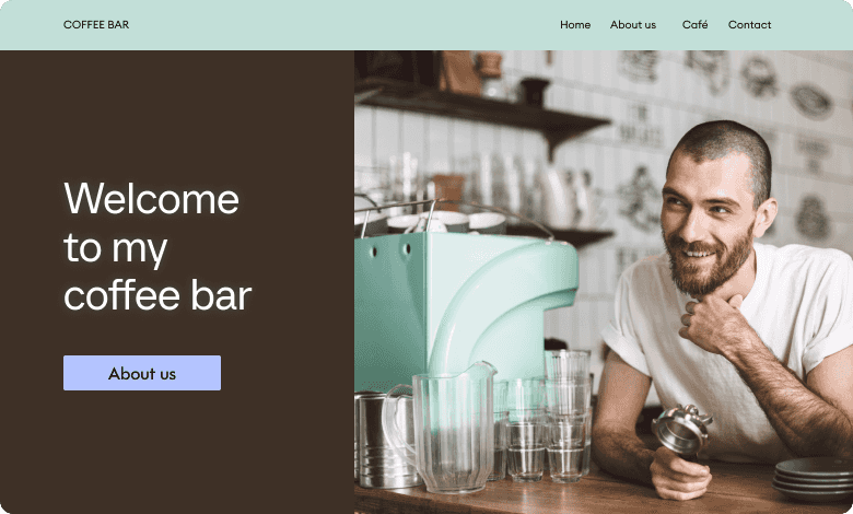 You can see a turquoise and dark brown website for a coffee bar with a man as a barista in the center, standing at a counter.  The words “Welcome to my Coffee bar” are written on the left side.