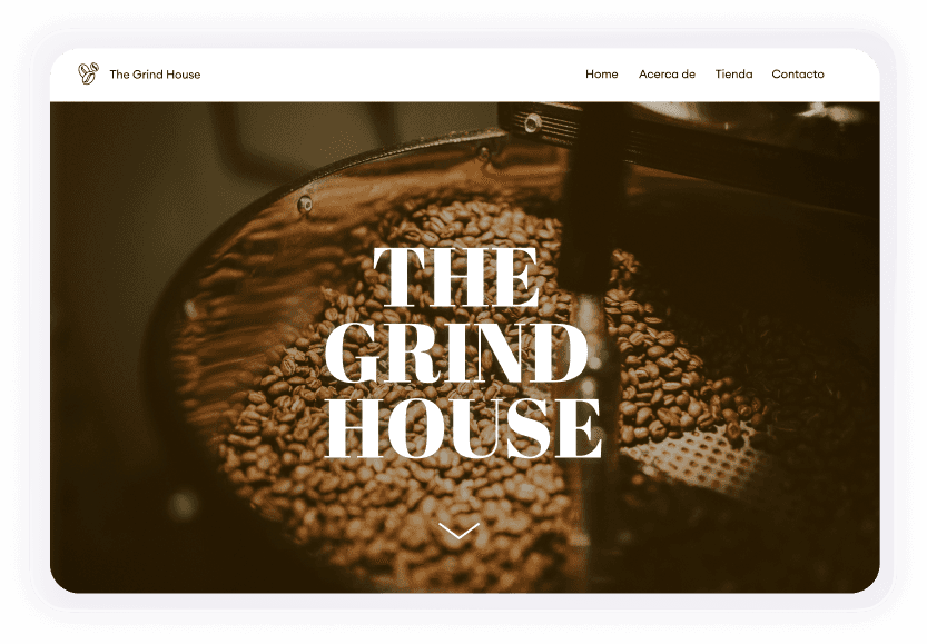 Página web que muestra un primer plano de granos de café con el texto en inglés "The Grind House".