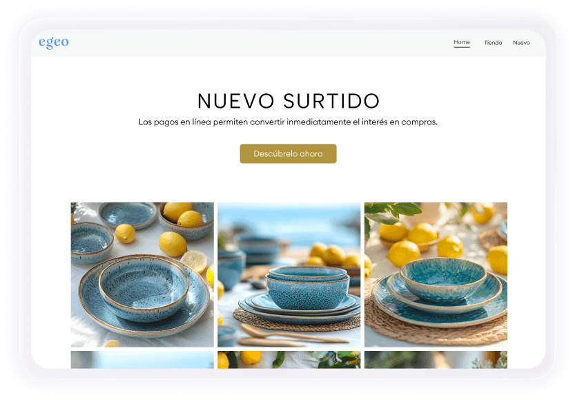 Tienda online que muestra imágenes coloridas de platos de cerámica hechos a mano con el título "Nueva colección".