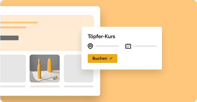 Eine Illustration einer Online-Shop-Oberfläche mit gelbem Hintergrund, die eine Kursbuchung zeigt.