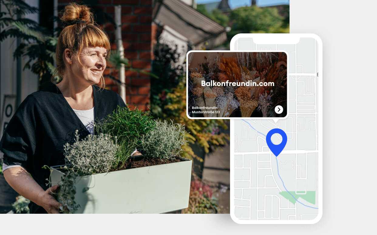 Eine Jimdo Nutzerin arbeitet auf ihrem Balkon. Daneben ein stilisiertes Smartphone, auf dem das Ergebnis einer lokalen Suche sichtbar ist.