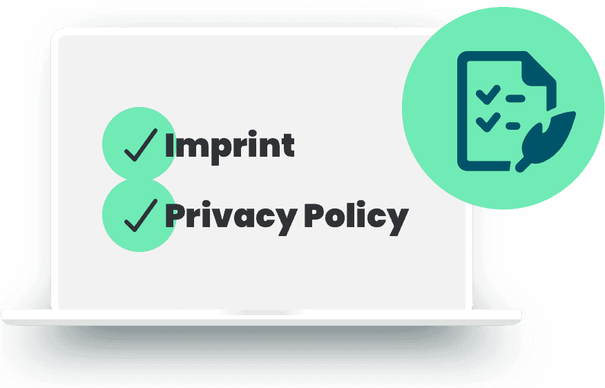 Un portátil abierto muestra las casillas de Aviso legal y Política de privacidad como completadas con el Generador de textos legales