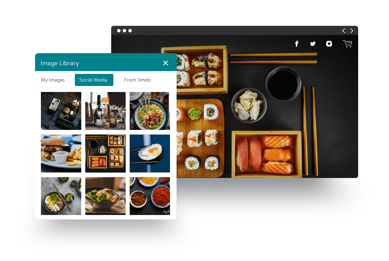 Esempio di un sito per ristorante creato con Jimdo che mostra come trasferire le immagini dei profili social direttamente nella libreria immagini del sito.