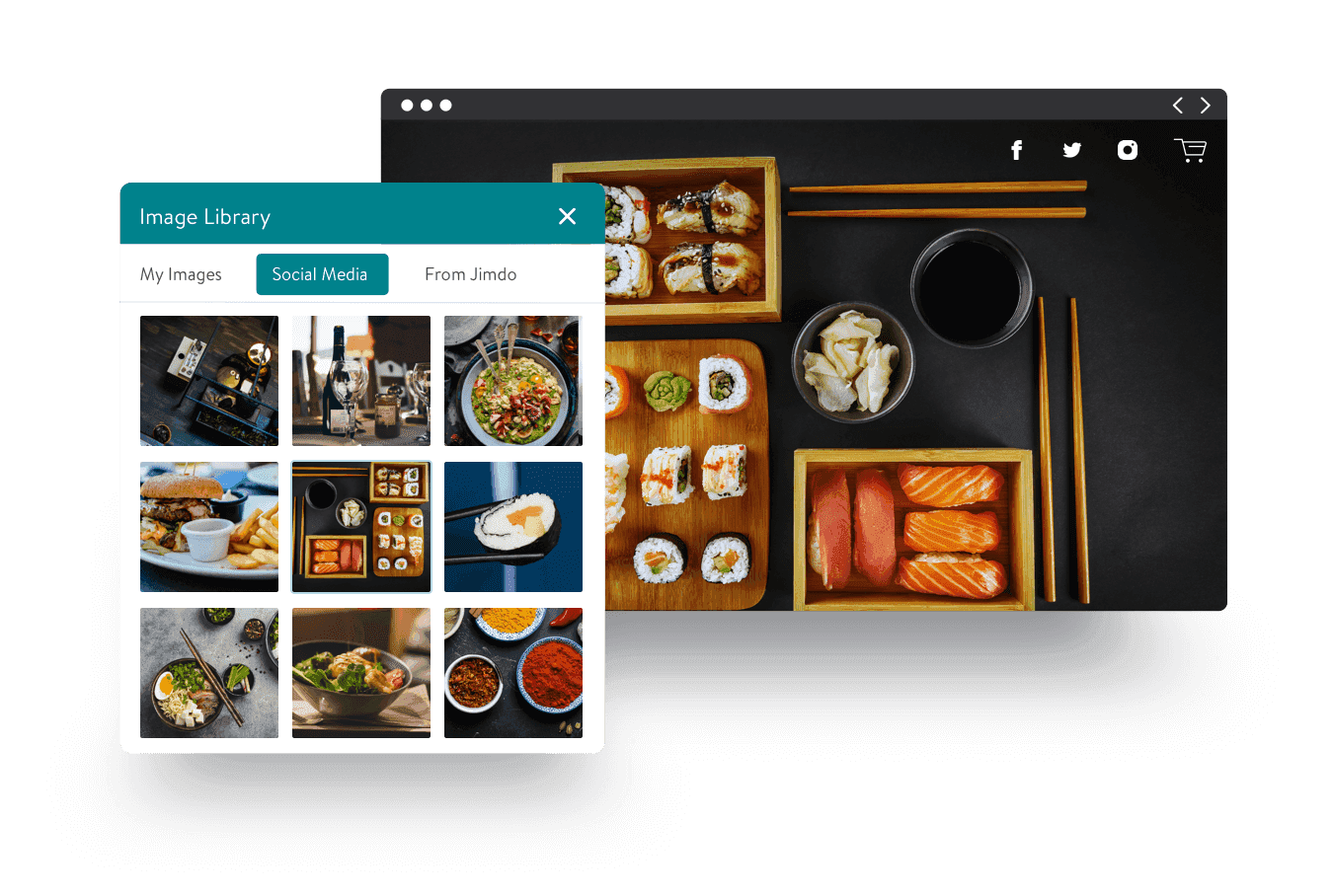 Un exemple de site de restaurant Jimdo montrant comment importer des images depuis un compte sur les réseaux sociaux directement dans la bibliothèque d'images de votre site. 
