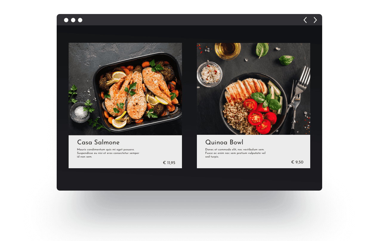 Un exemple de menu en ligne sur un site Jimdo, avec deux plats types illustrés par des photos.