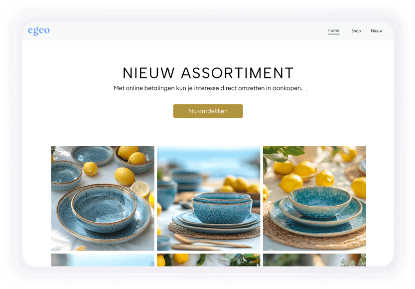 Online shop met kleurrijke foto's van handgemaakte porselein schalen en de kop 'Nieuwe collectie'