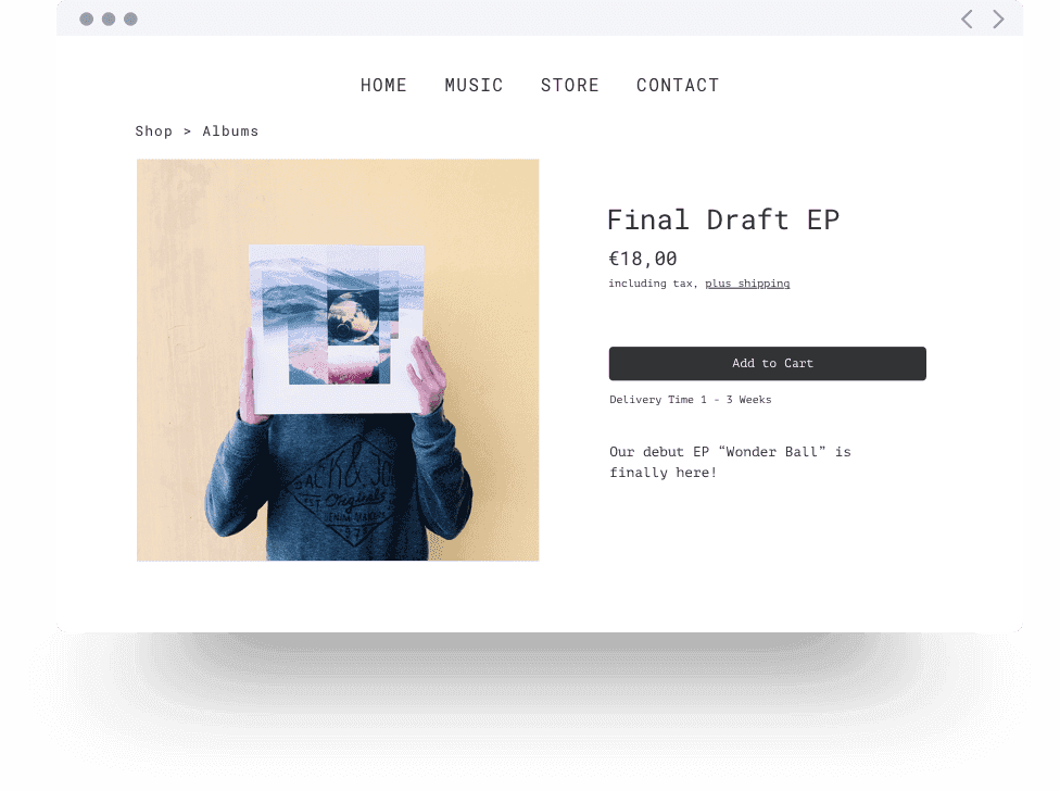 Exemple d'e-boutique sur un site de musicien pour vendre des produits dérivés