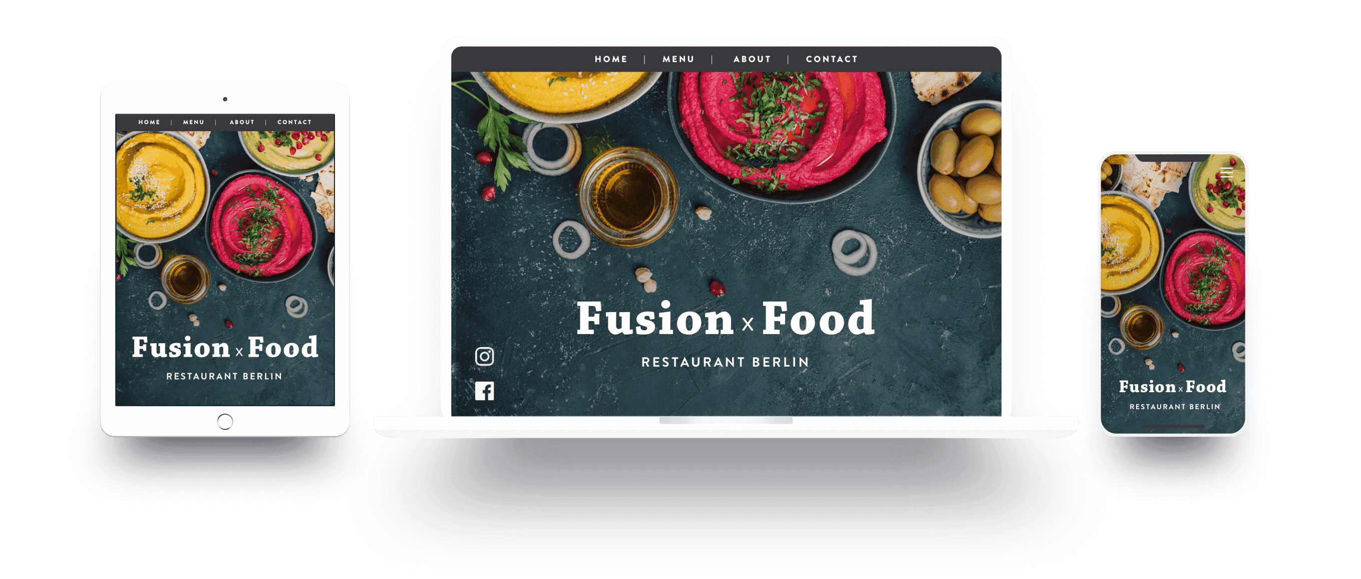 Un esempio di un sito per ristorante mobile-friendly mostrato su vari dispositivi: tablet, computer e smartphone.