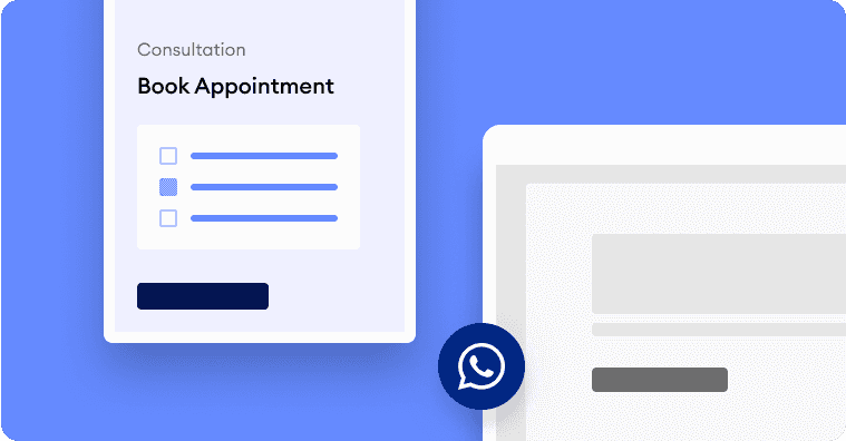 An illustration of a booking appointment form with a dark blue background, featuring a calendar icon and a button for scheduling.