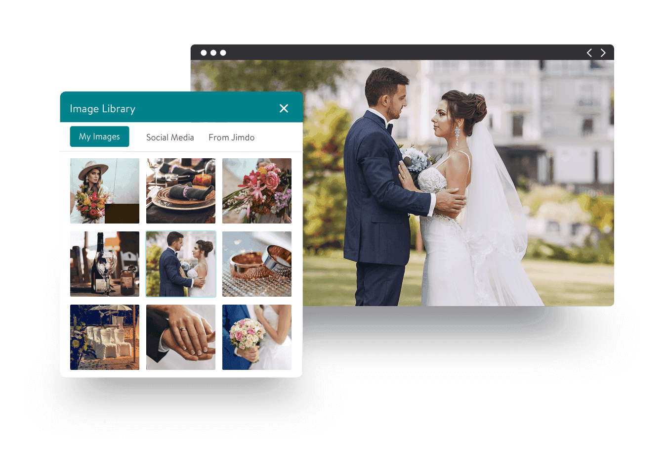 A picture of a couple on their wedding day, next to a screenshot of the image library from their website.