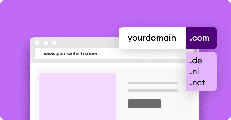 An illustration of a browser window with a purple background, showing a domain name field and badge icons, representing website credibility and GDPR compliance.