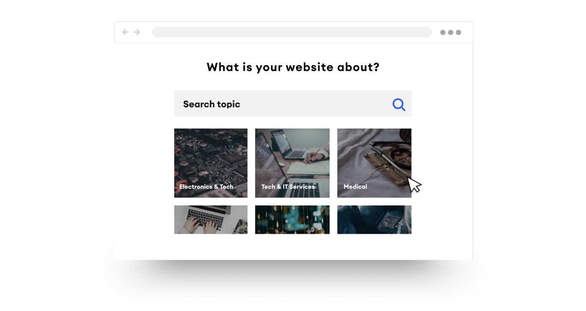 Website Builder, Step 2: Answer a few questions about your business. Topic search bar with images of website topics.